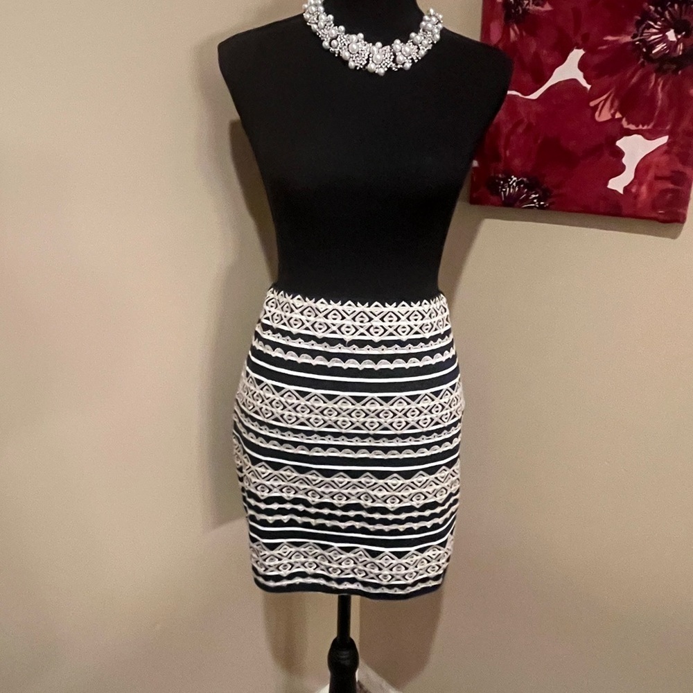 Anthropologie THML Navy/white stripe Pencil Skirt w/ tan embroidered design, M